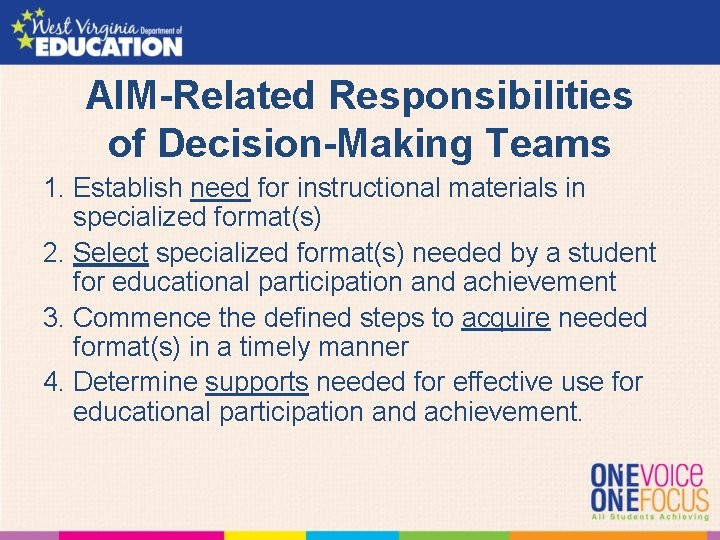 AIM-Related Responsibilities of Decision-Making Teams 1. Establish need for instructional materials in specialized format(s)