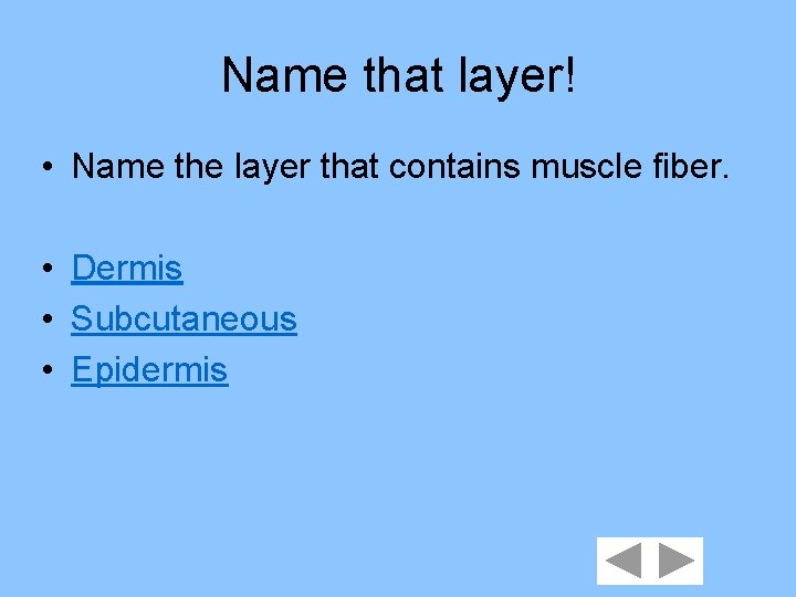 Name that layer! • Name the layer that contains muscle fiber. • Dermis •