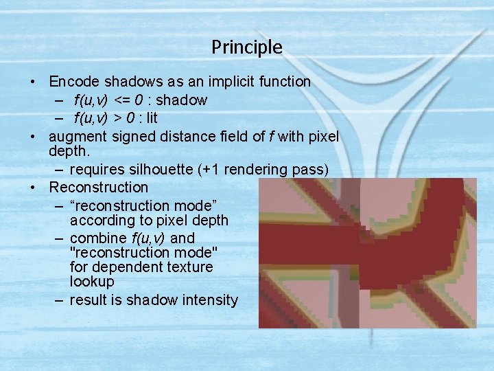 Principle • Encode shadows as an implicit function – f(u, v) <= 0 :