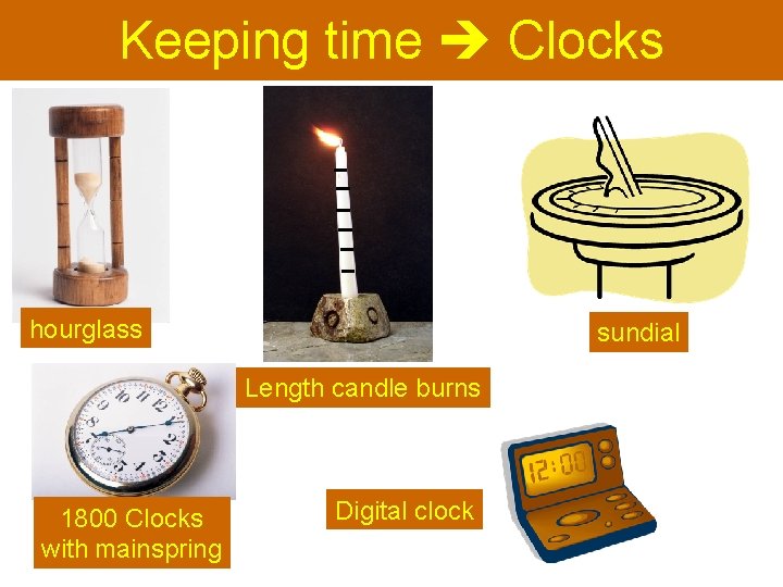 Keeping time Clocks hourglass sundial Length candle burns 1800 Clocks with mainspring Digital clock