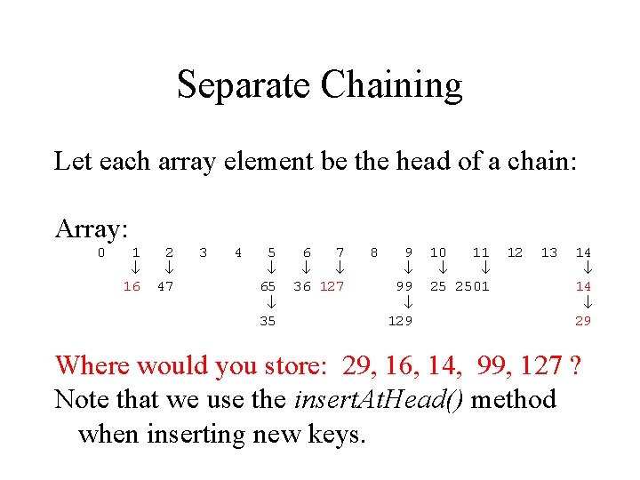 Separate Chaining Let each array element be the head of a chain: Array: 0