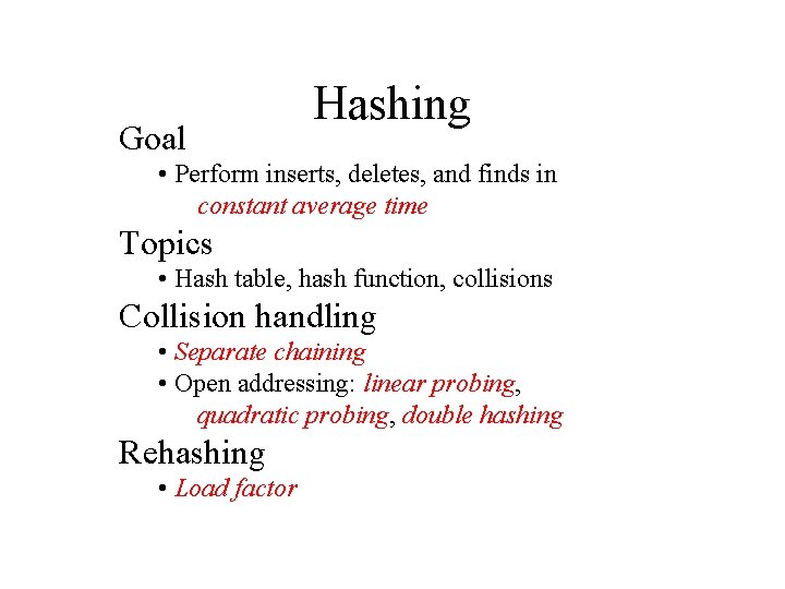 Goal Hashing • Perform inserts, deletes, and finds in constant average time Topics •