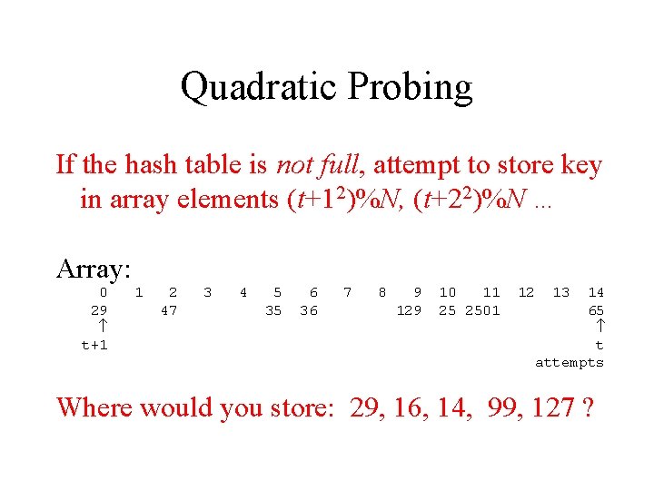 Quadratic Probing If the hash table is not full, attempt to store key in