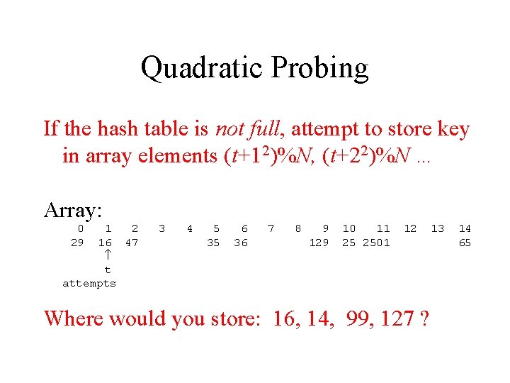 Quadratic Probing If the hash table is not full, attempt to store key in