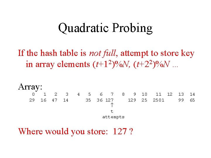 Quadratic Probing If the hash table is not full, attempt to store key in