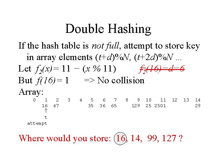 Double Hashing If the hash table is not full, attempt to store key in