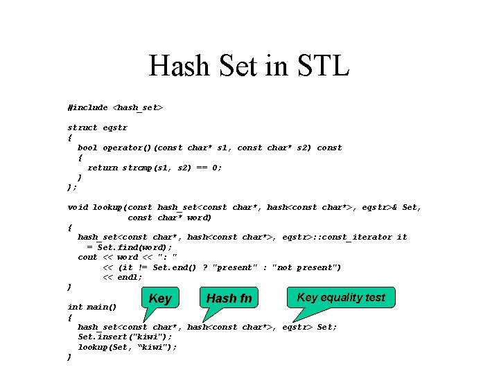 Hash Set in STL #include <hash_set> struct eqstr { bool operator()(const char* s 1,