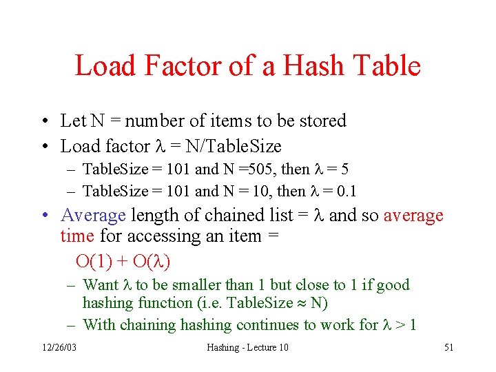 Load Factor of a Hash Table • Let N = number of items to