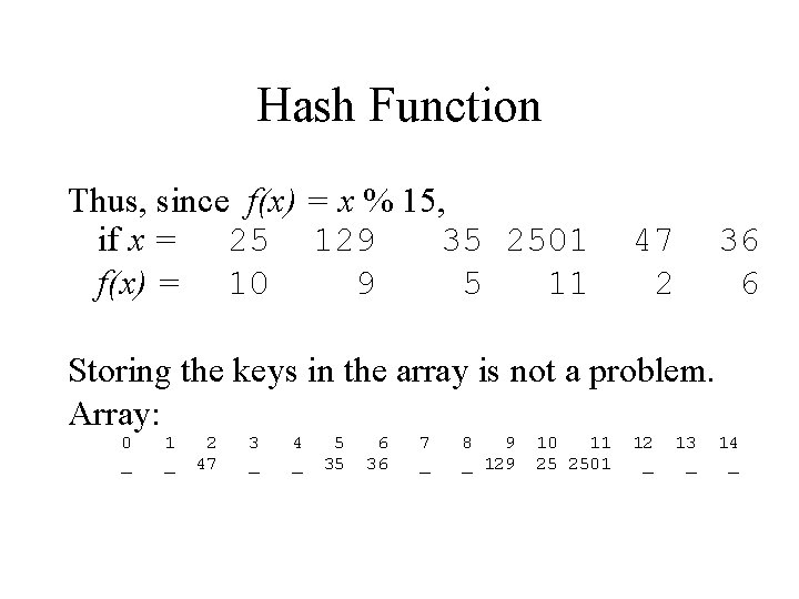 Hash Function Thus, since f(x) = x % 15, if x = 25 129