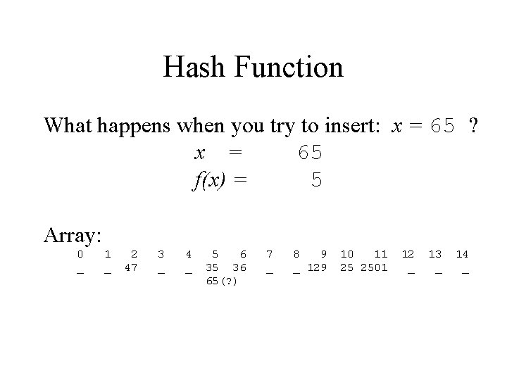 Hash Function What happens when you try to insert: x = 65 ? x