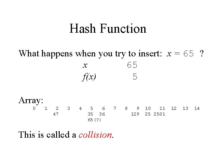 Hash Function What happens when you try to insert: x = 65 ? x