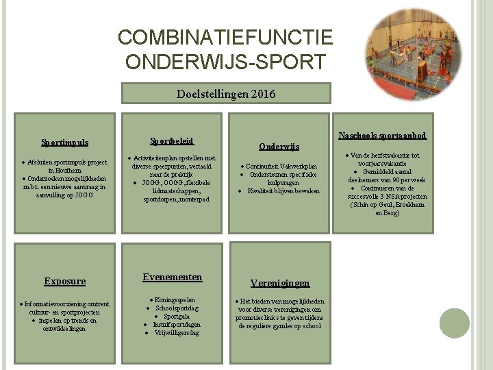 COMBINATIEFUNCTIE ONDERWIJS-SPORT Doelstellingen 2016 Sportimpuls Sportbeleid Afsluiten sportimpuls project in Houthem Onderzoeken mogelijkheden m.