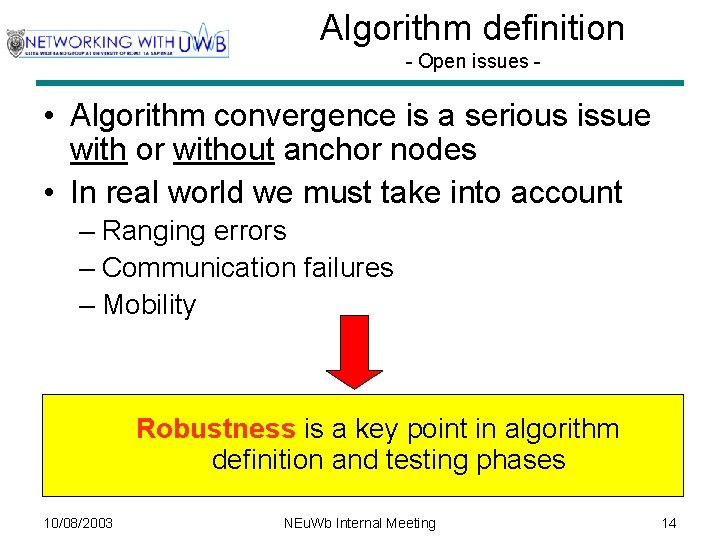 Algorithm definition - Open issues - • Algorithm convergence is a serious issue with