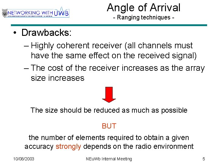 Angle of Arrival - Ranging techniques - • Drawbacks: – Highly coherent receiver (all