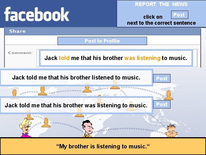 REPORT THE NEWS Post click on next to the correct sentence Post to Profile