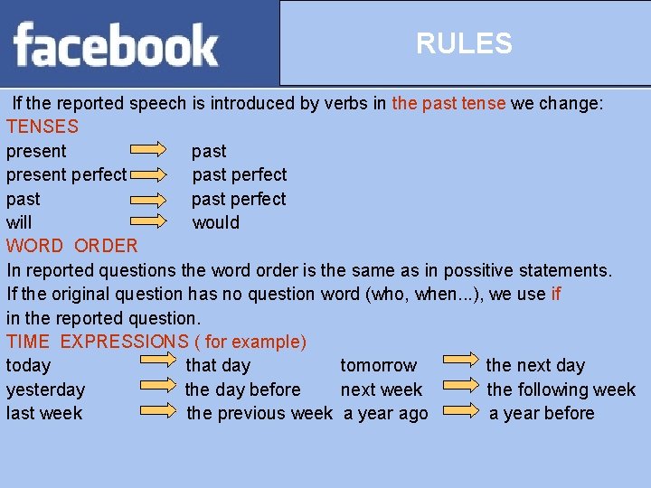 RULES If the reported speech is introduced by verbs in the past tense we