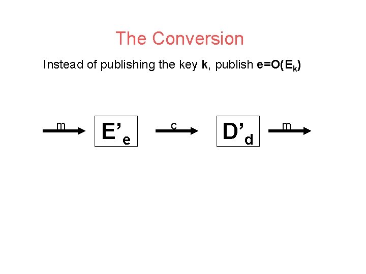 The Conversion Instead of publishing the key k, publish e=O(Ek) m E’e c D’d