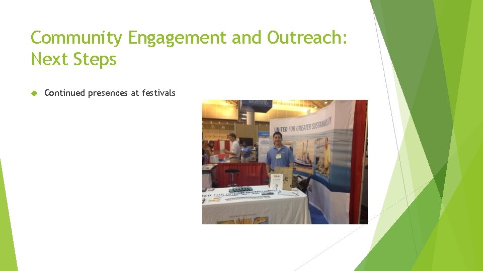 Community Engagement and Outreach: Next Steps Continued presences at festivals 