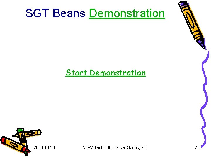SGT Beans Demonstration Start Demonstration 2003 -10 -23 NOAATech 2004, Silver Spring, MD 7