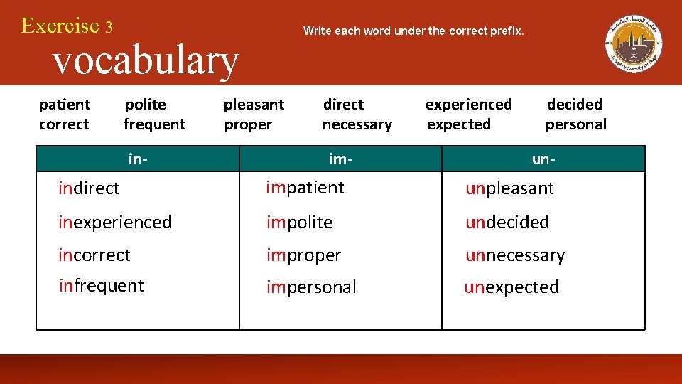 Exercise 3 vocabulary Write each word under the correct prefix. patient polite pleasant direct