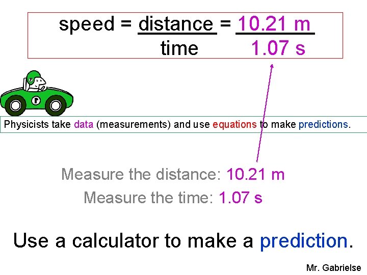 speed = distance = 10. 21 m time 1. 07 s Physicists take data