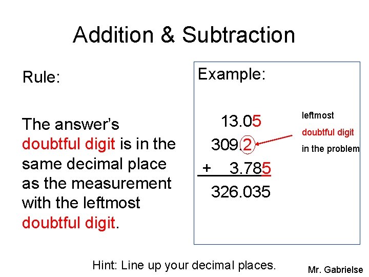 Addition & Subtraction Example: Rule: The answer’s doubtful digit is in the same decimal