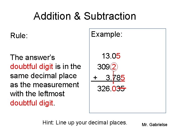 Addition & Subtraction Rule: Example: The answer’s doubtful digit is in the same decimal
