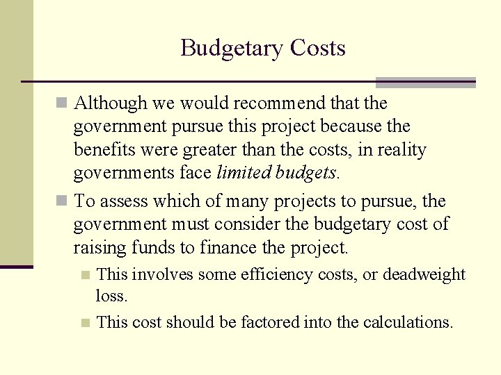 Budgetary Costs n Although we would recommend that the government pursue this project because