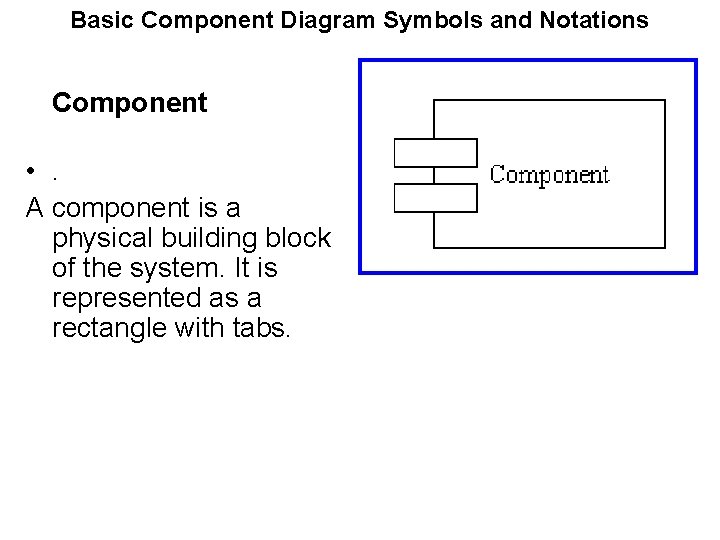 Basic Component Diagram Symbols and Notations Component • . A component is a physical