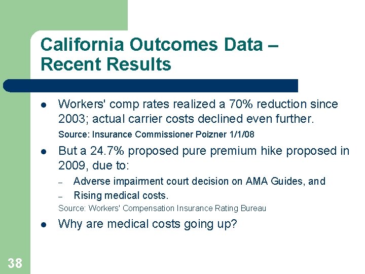 California Outcomes Data – Recent Results l Workers' comp rates realized a 70% reduction