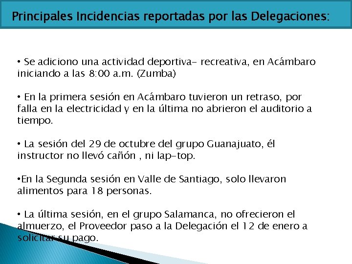 Principales Incidencias reportadas por las Delegaciones: • Se adiciono una actividad deportiva- recreativa, en