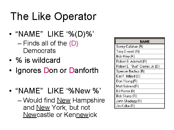 The Like Operator • “NAME” LIKE ‘%(D)%’ – Finds all of the (D) Democrats