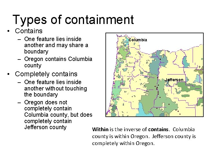 Types of containment • Contains – One feature lies inside another and may share