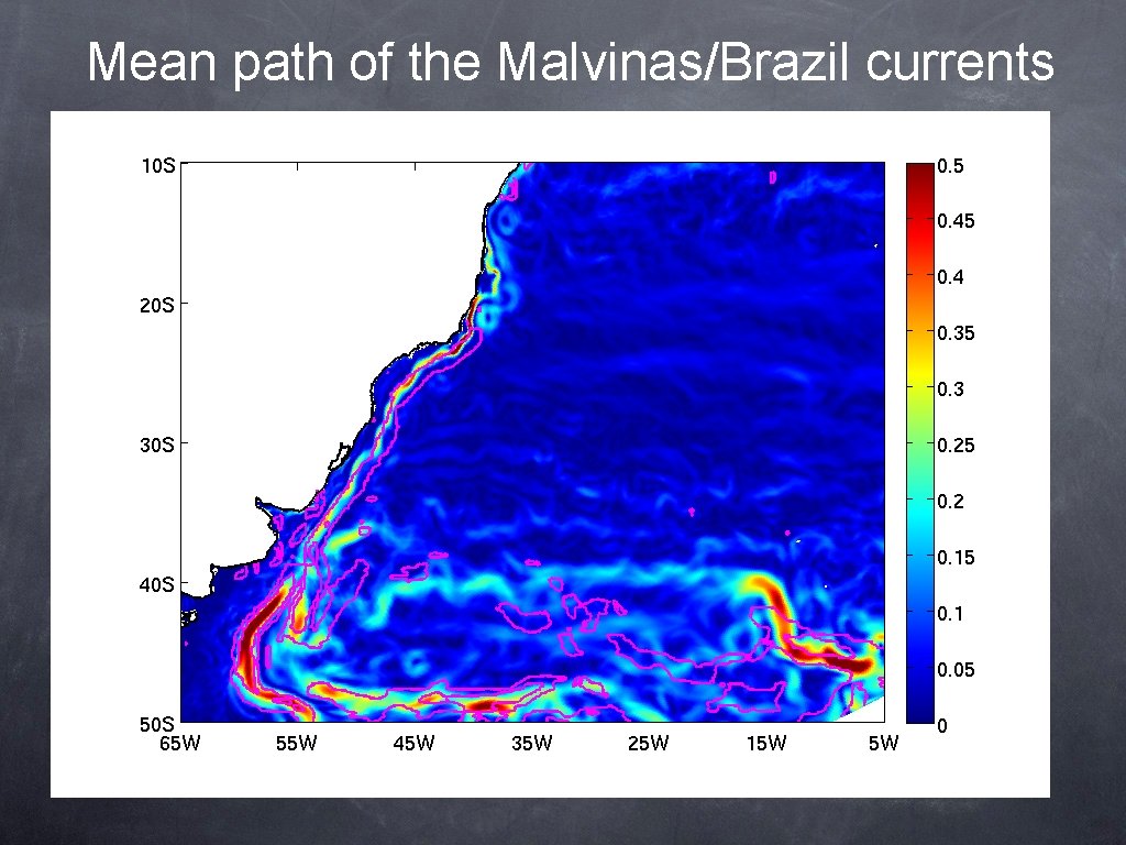 Mean path of the Malvinas/Brazil currents 