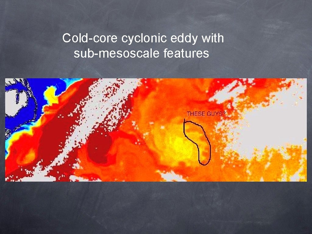 Cold-core cyclonic eddy with sub-mesoscale features 