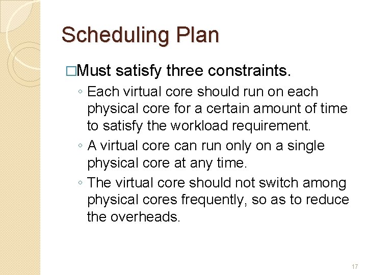 Scheduling Plan �Must satisfy three constraints. ◦ Each virtual core should run on each