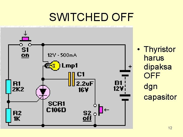 SWITCHED OFF • Thyristor harus dipaksa OFF dgn capasitor 12 