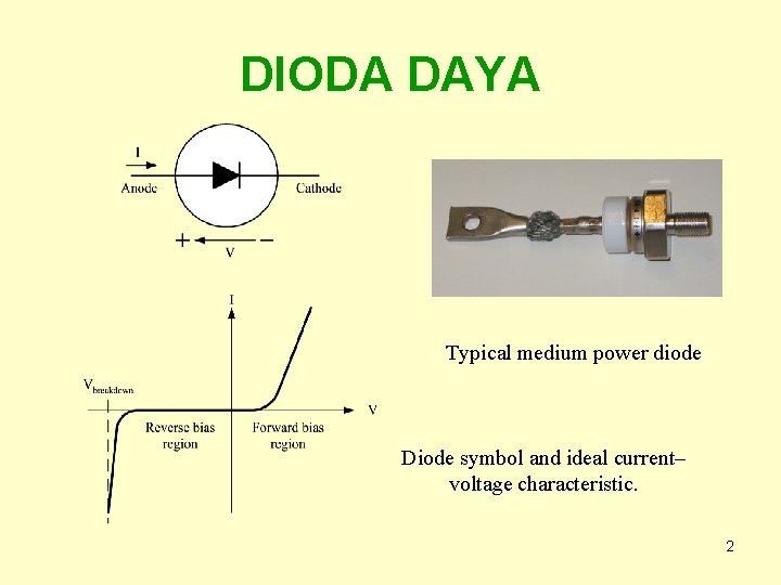 DIODA DAYA Typical medium power diode Diode symbol and ideal current– voltage characteristic. 2
