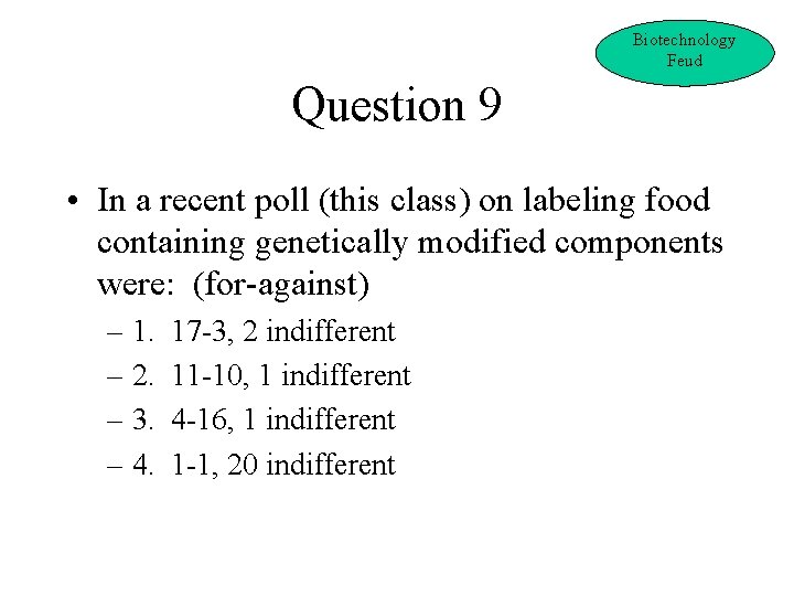 Biotechnology Feud Question 9 • In a recent poll (this class) on labeling food