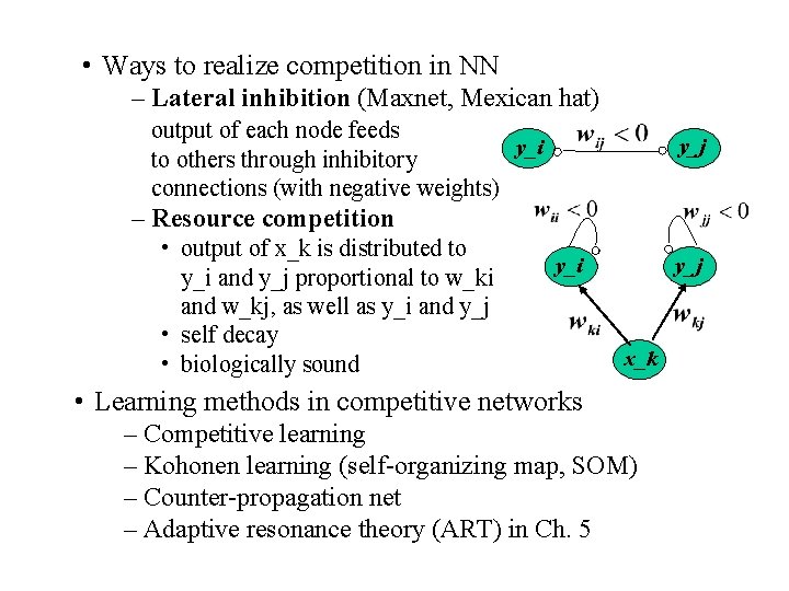  • Ways to realize competition in NN – Lateral inhibition (Maxnet, Mexican hat)