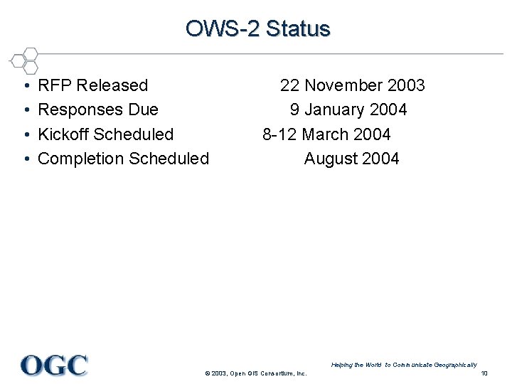 OWS-2 Status • • RFP Released Responses Due Kickoff Scheduled Completion Scheduled 22 November
