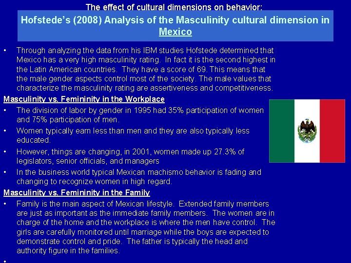 The effect of cultural dimensions on behavior: Hofstede’s (2008) Analysis of the Masculinity cultural