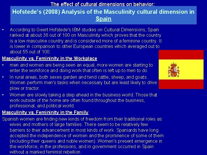 The effect of cultural dimensions on behavior: Hofstede’s (2008) Analysis of the Masculinity cultural