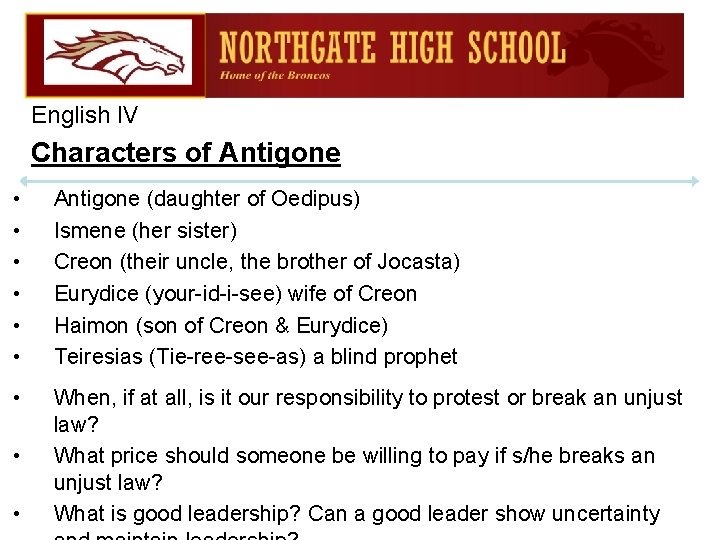 English IV Characters of Antigone • • • Antigone (daughter of Oedipus) Ismene (her