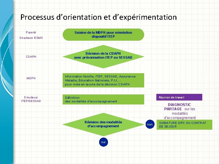 Processus d’orientation et d’expérimentation Parents Directeurs ESMS CDAPH MDPH Directeurs ITEP/SESSAD Saisine de la