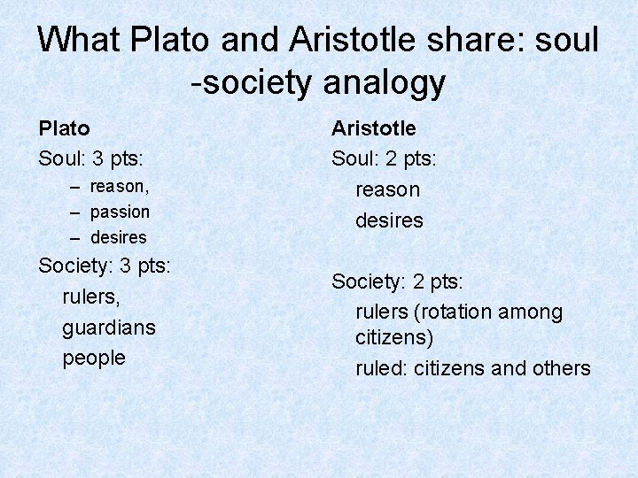 What Plato and Aristotle share: soul -society analogy Plato Soul: 3 pts: – reason,