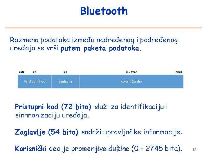 Bluetooth Razmena podataka između nadređenog i podređenog uređaja se vrši putem paketa podataka. Pristupni