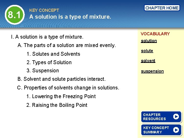 8. 1 KEY CONCEPT CHAPTER HOME A solution is a type of mixture. I.