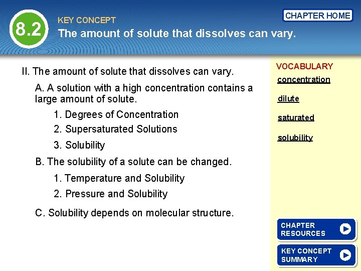 8. 2 KEY CONCEPT CHAPTER HOME The amount of solute that dissolves can vary.