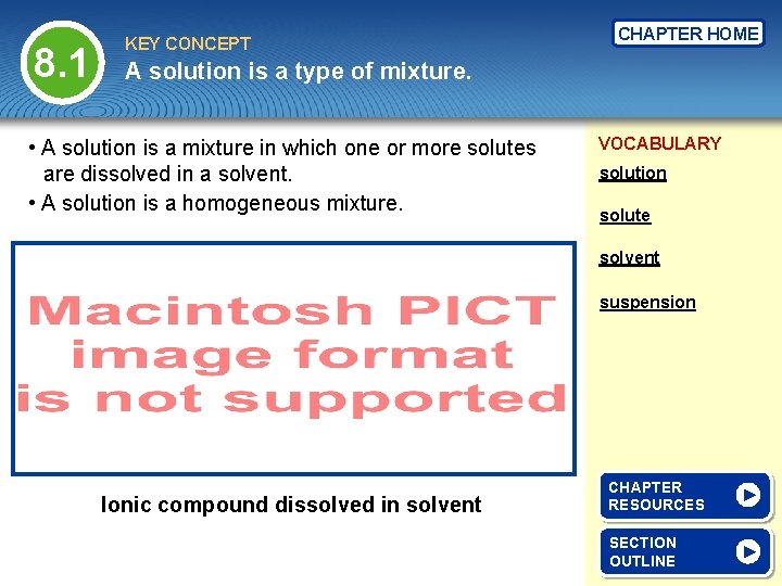 8. 1 KEY CONCEPT CHAPTER HOME A solution is a type of mixture. •
